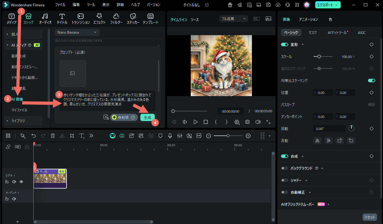 Filmora猫 クリスマスイラスト生成