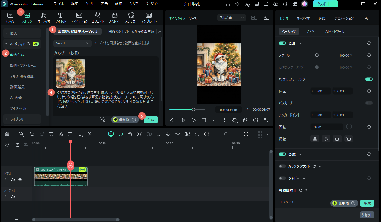 Filmoraクリスマスねこが動き出す