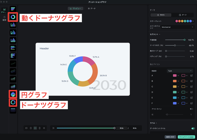 Filmoraで円グラフの鉄板設定を適用
