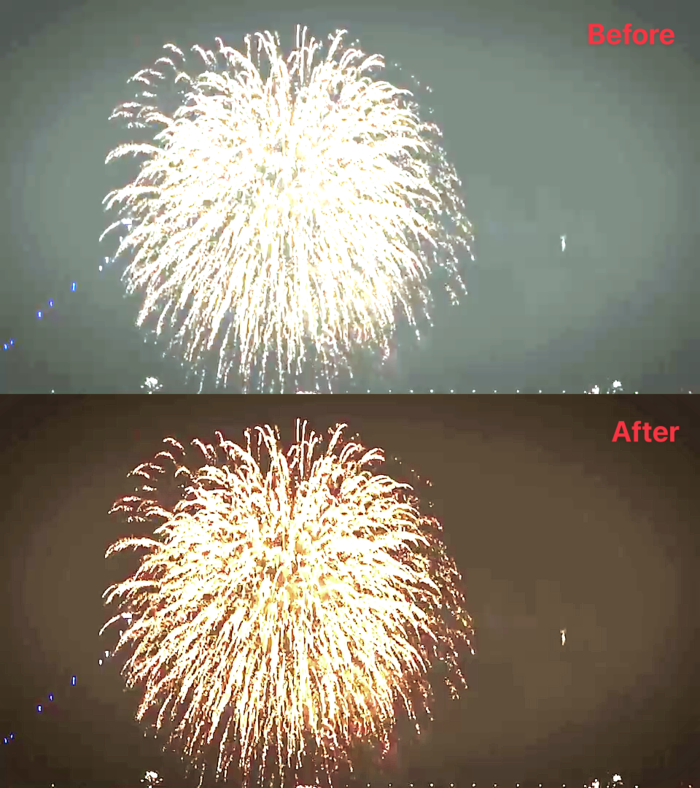 AIカラーパレット機能のビフォーアフター比較 - 黒つぶれが改善された花火映像