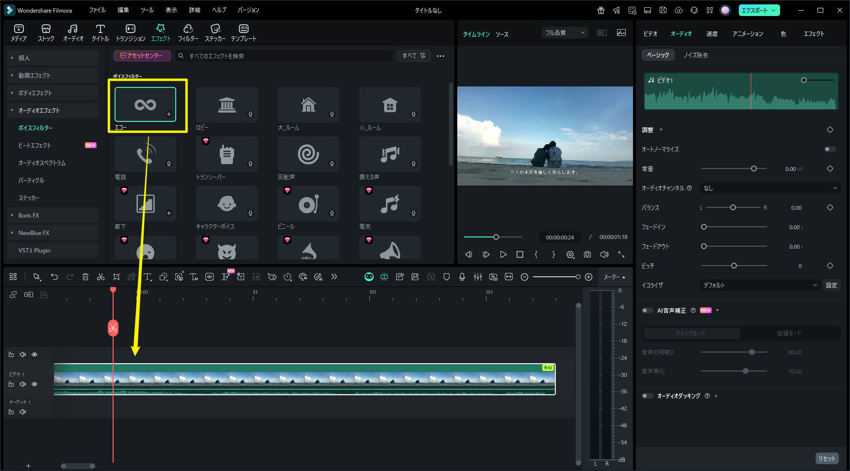 エコーを動画に適用する画面