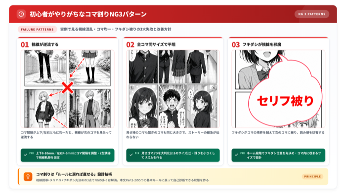 漫画コマ割りのNG例3パターングリッド - 視線混乱・均一サイズ・吹き出し被り