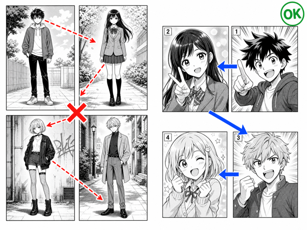 漫画コマ割りNG例1 - 視線の流れが混乱しているレイアウト
