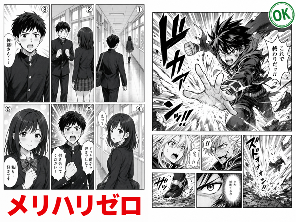 漫画コマ割りNG例2 - 全て同じサイズの均一なコマ
