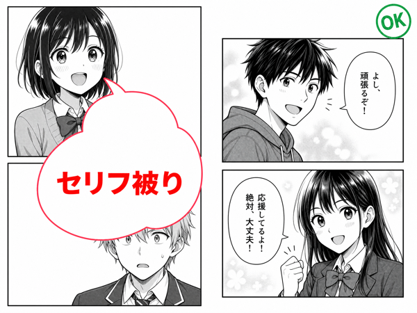 漫画コマ割りNG例3 - 吹き出しがコマ境界に被ったレイアウト