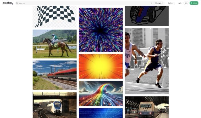 Pixabayで「speed lines」を検索した結果ページ