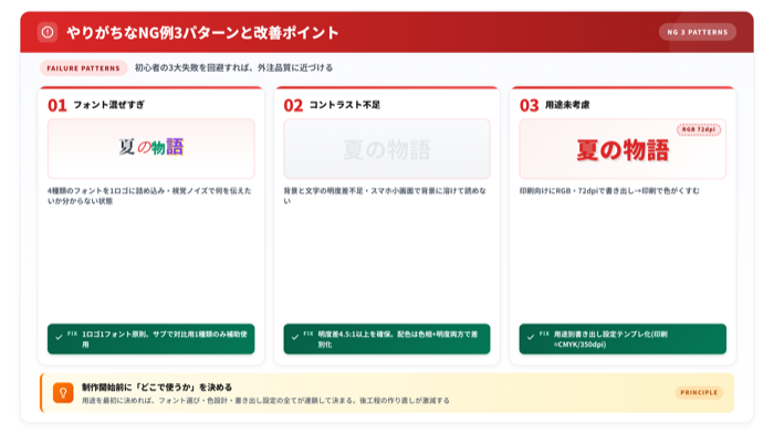 タイトルロゴのNG例3パターングリッド - フォント混ぜすぎ・コントラスト不足・用途無視