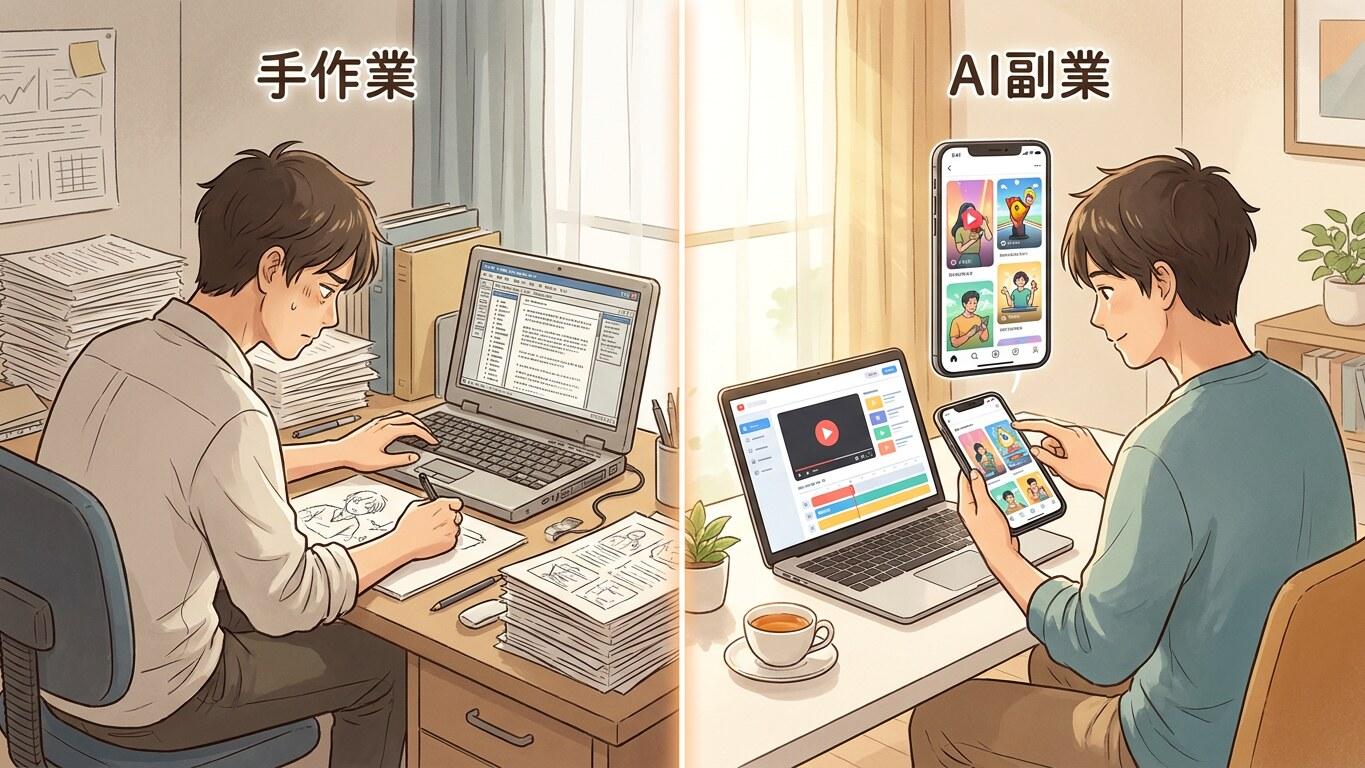 在宅でAI副業の作業を進めるクリエイターのイメージ