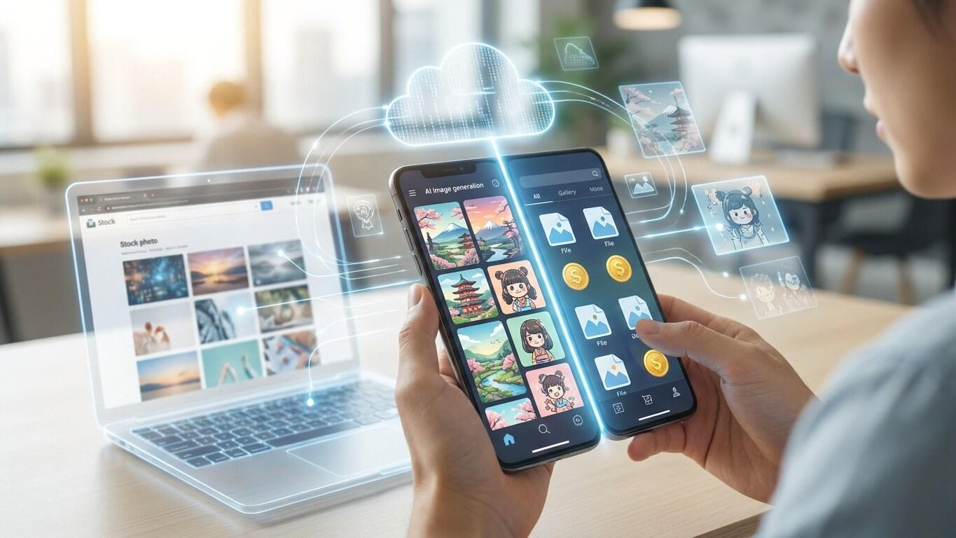AI画像を素材販売する副業イメージ
