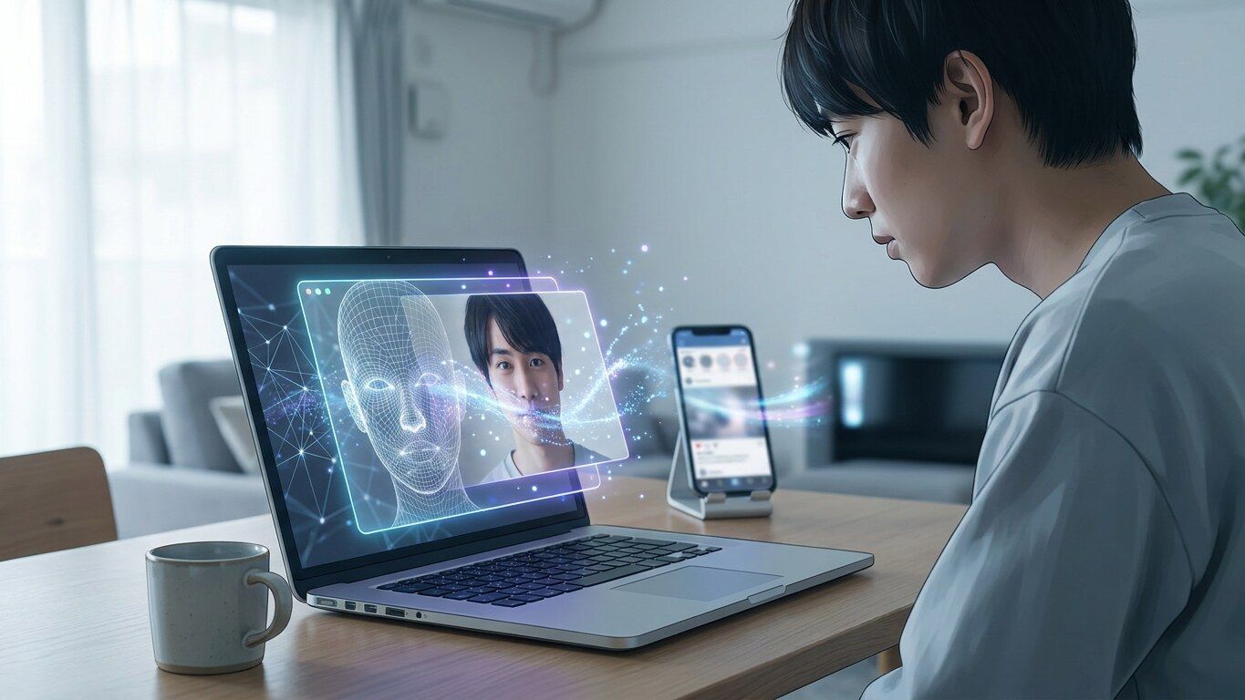 AIが人物の顔と映像を合成しているディープフェイクの概念イメージ