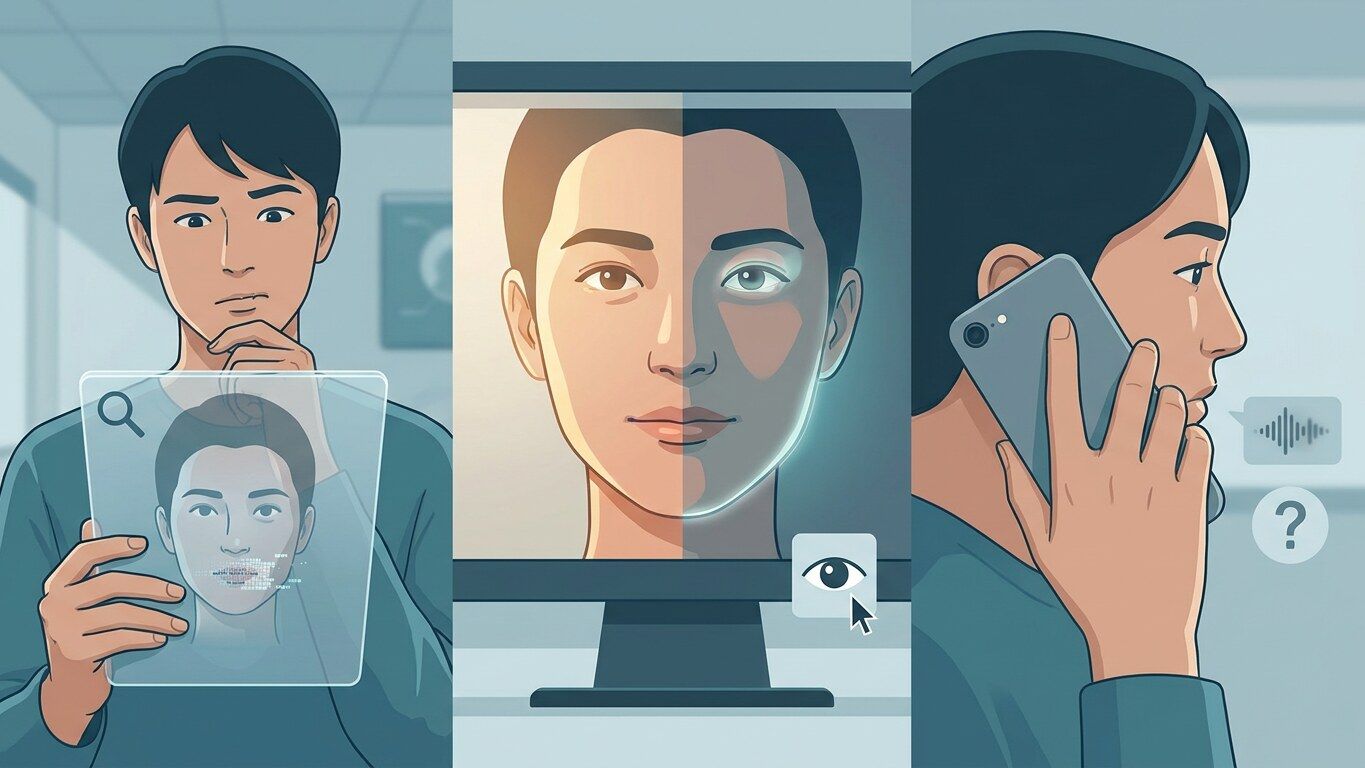 ディープフェイクの不自然な口元や光の違和感を確認するイメージ