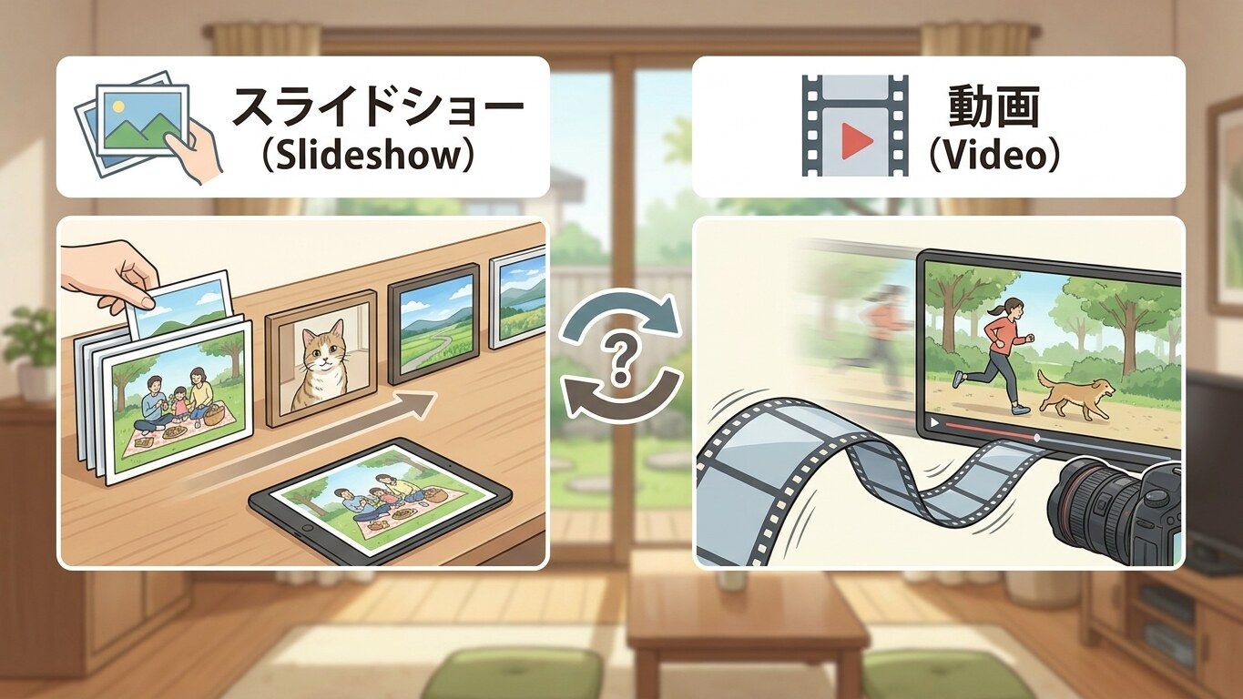 スライドショーと動画の違いを比較するイメージ