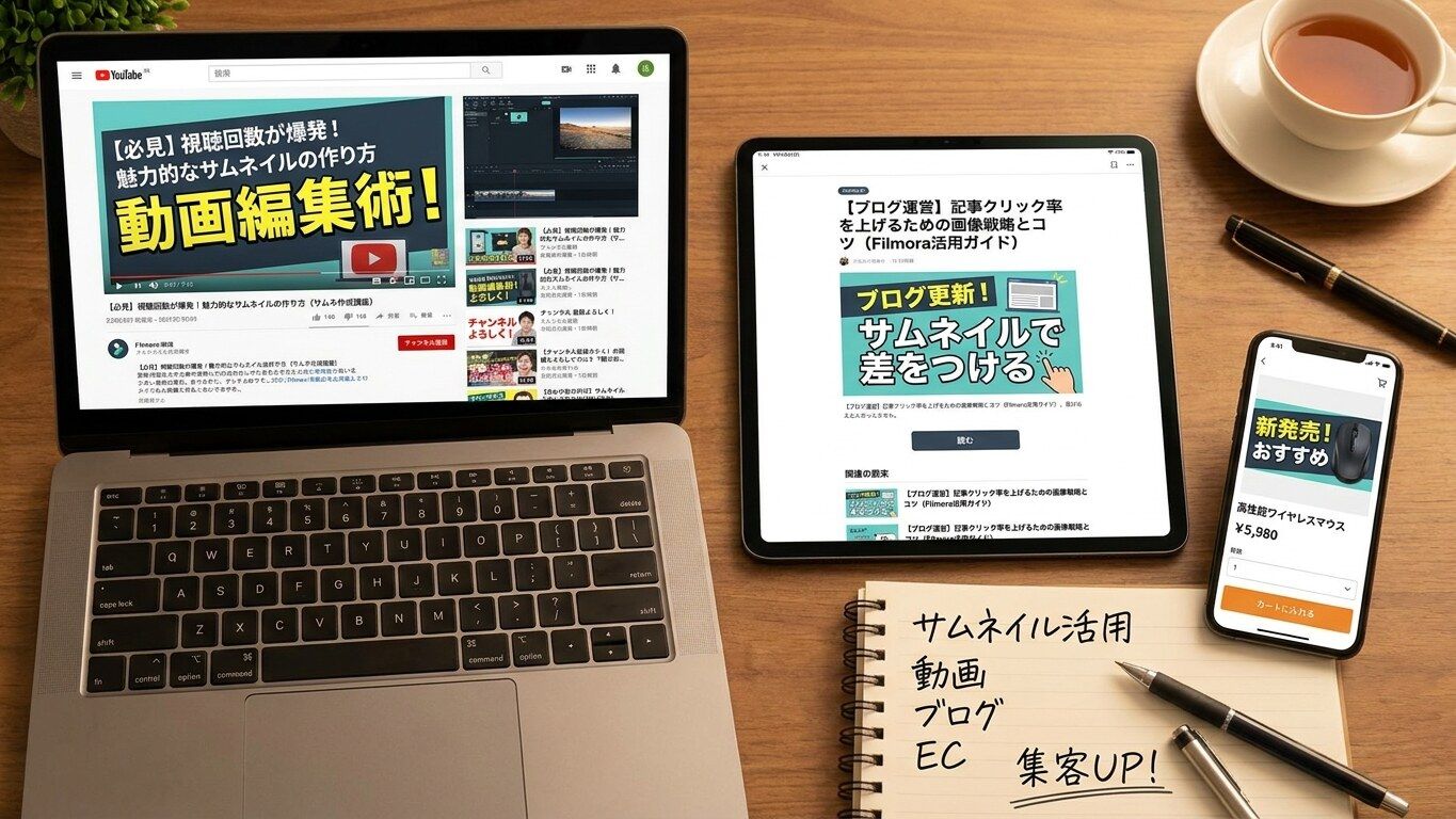 YouTubeやブログやECで使われるサムネイルの活用シーンイメージ
