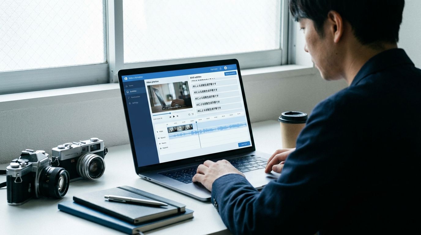 ノートPCで動画を確認しながらAI字幕を自動生成している編集者のイメージ