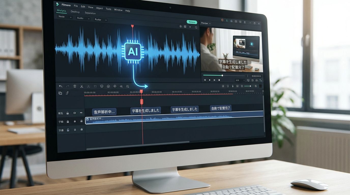 音声波形から字幕テキストへ変換されるAI字幕生成の流れを表すイメージ
