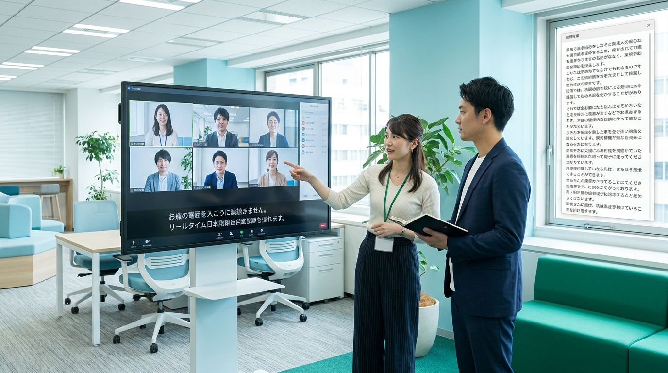 会議動画の音声を文字起こしして字幕化するイメージ