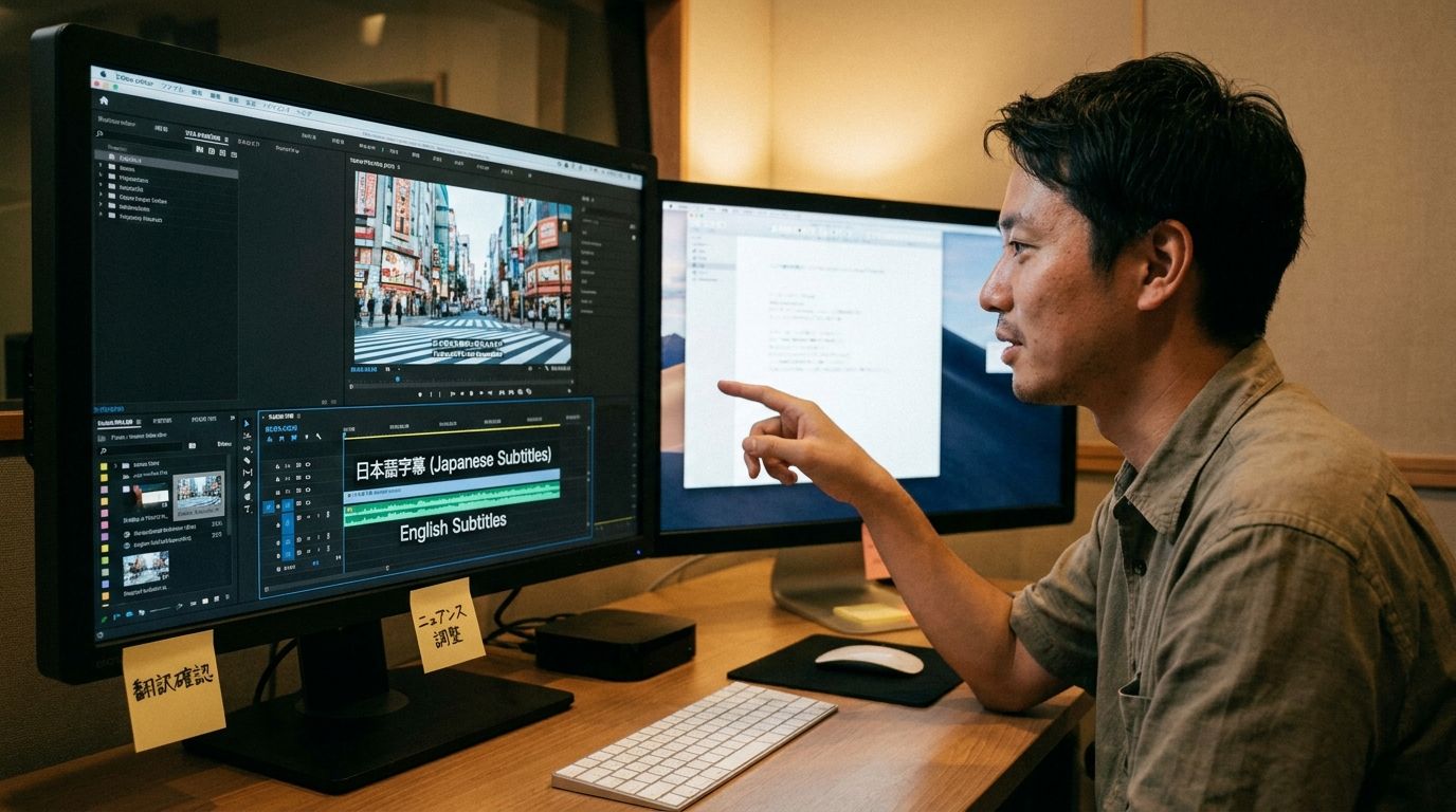 多言語字幕を比較しながら編集しているイメージ