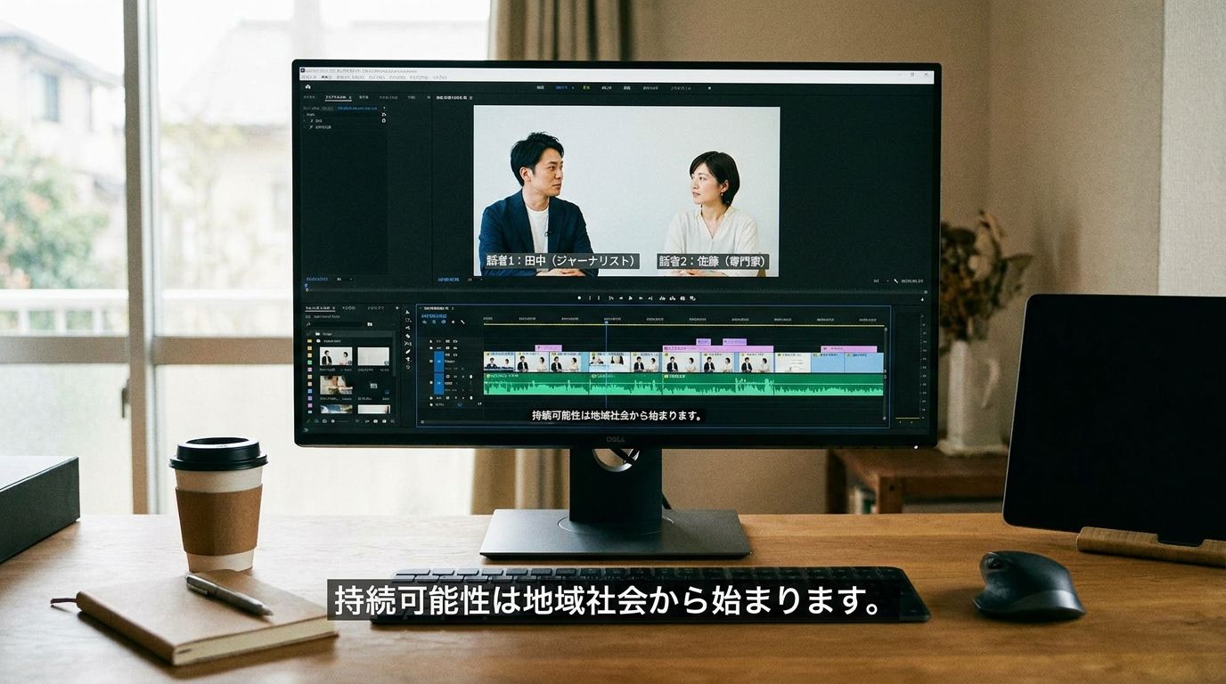 対談動画の字幕を確認しているイメージ