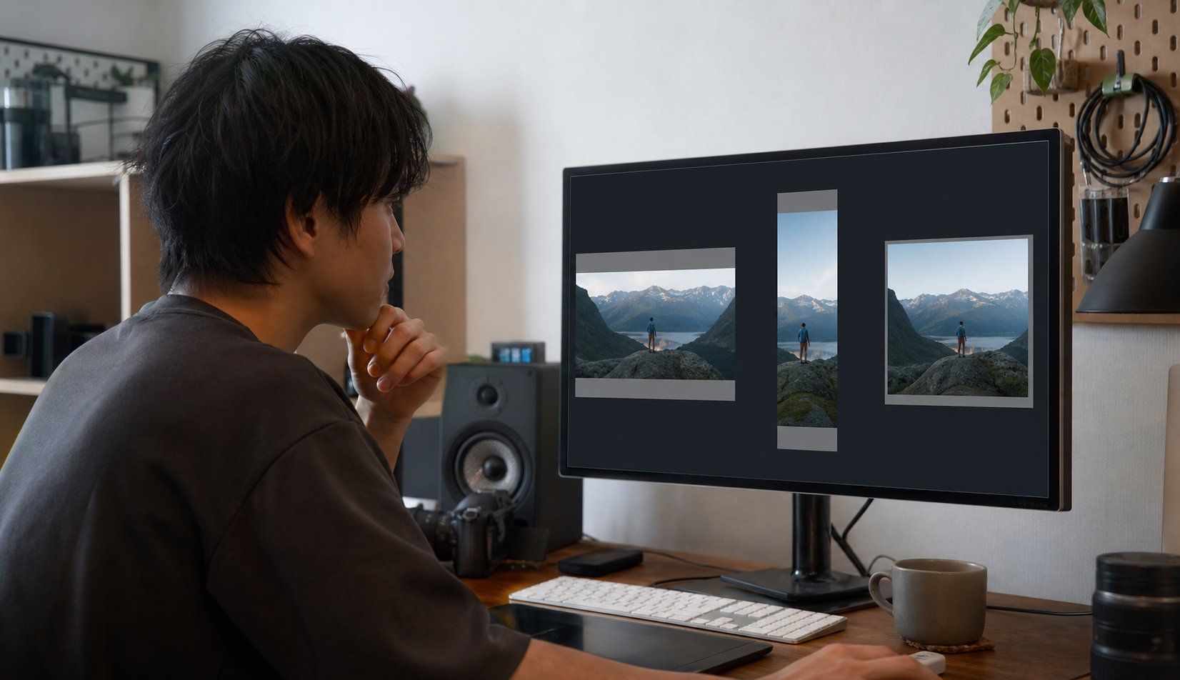 複数の画面比率を比較しながら動画構図を確認するクリエイターのイメージ