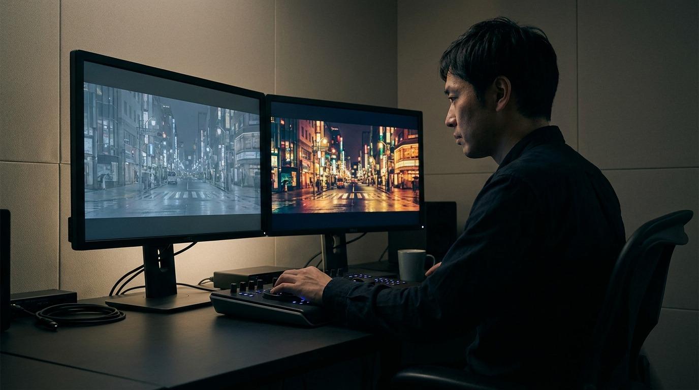 カラーグレーディングで映像の雰囲気を整えているシネマ風の編集イメージ