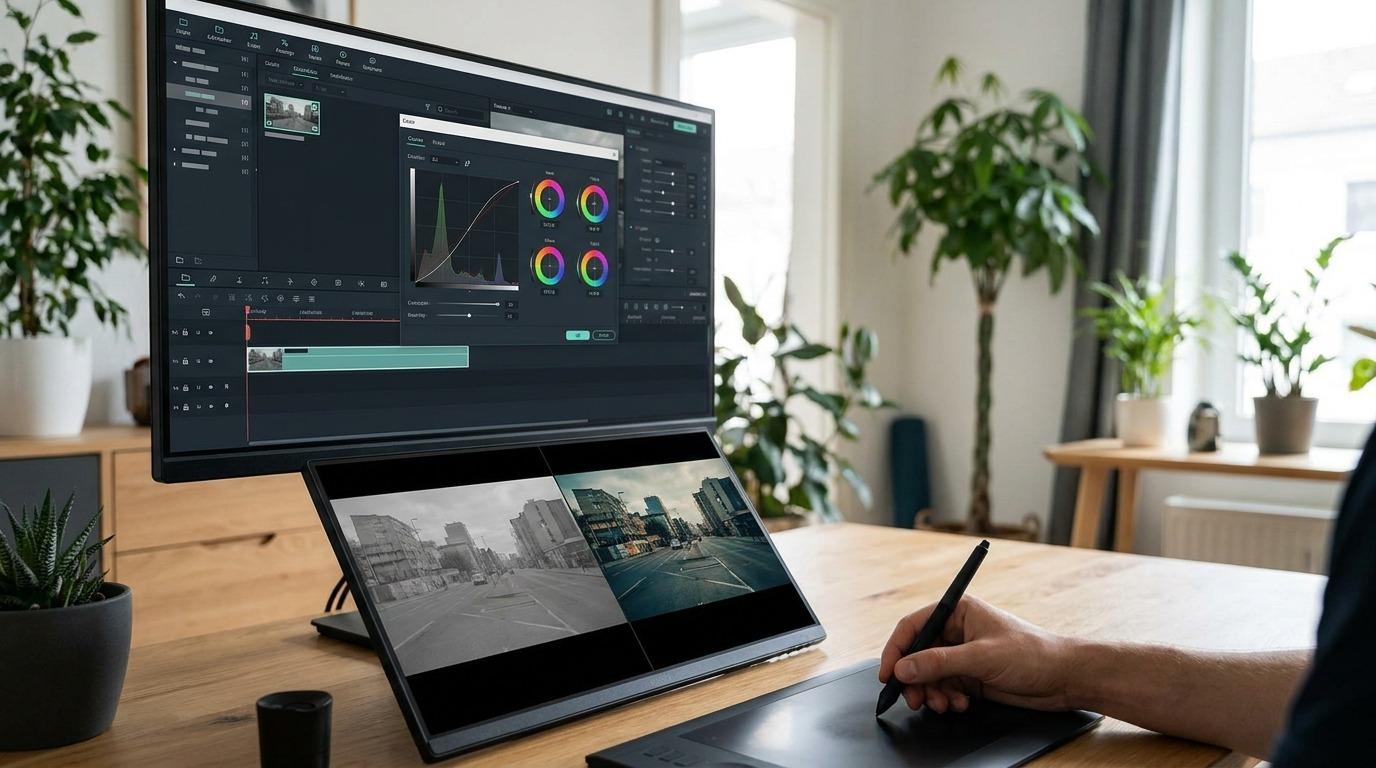 Filmoraでカラーグレーディングを行っている編集画面イメージ
