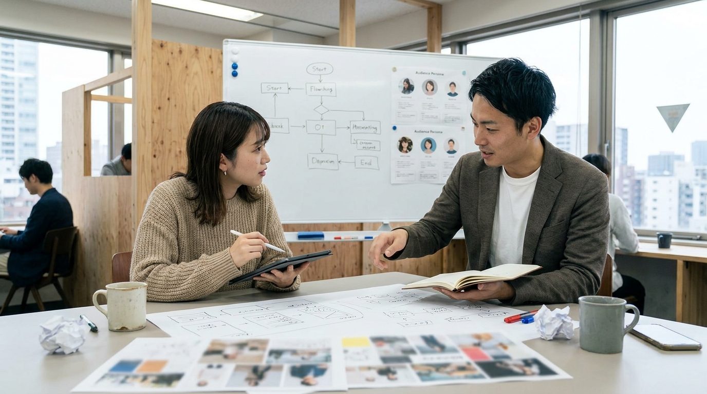 ブランド発信の方向性を話し合うクリエイターと企画担当のイメージ