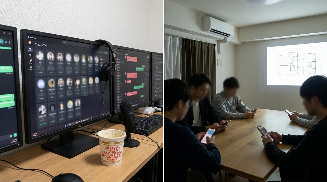 趣味やゲームの仲間がDiscordで交流するイメージ