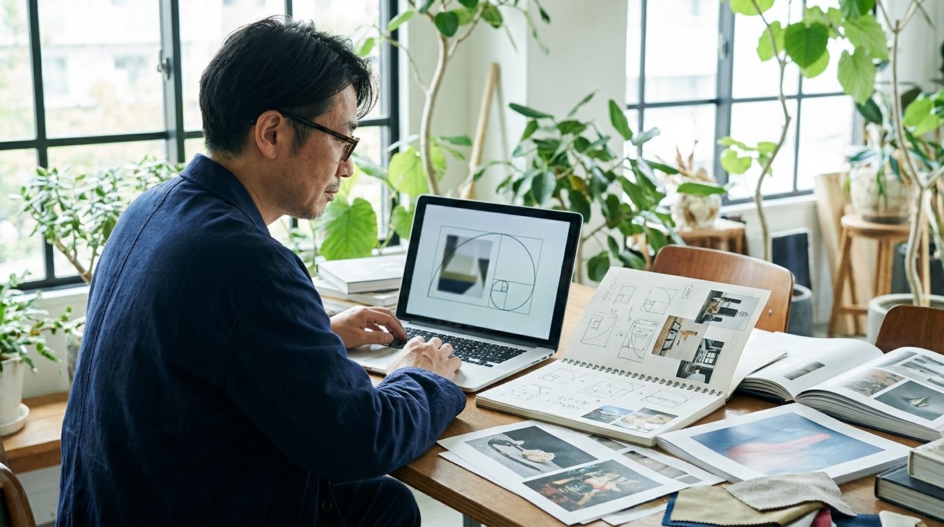 黄金比を意識しながら構図を考えるデザイナーのイメージ