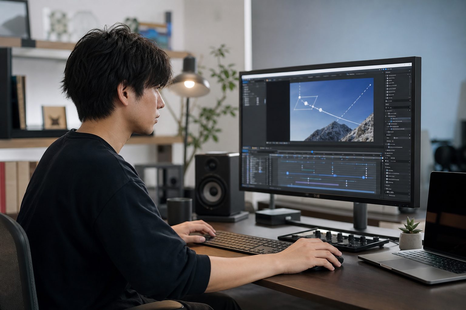 動画編集ソフトでキーフレーム付きの動きを確認するクリエイターのイメージ