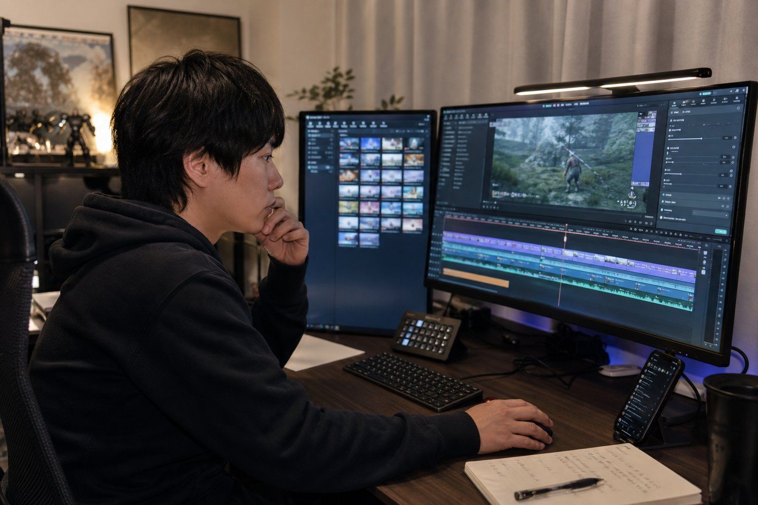 ライブ配信の素材をFilmoraで整理している日本人クリエイターのイメージ