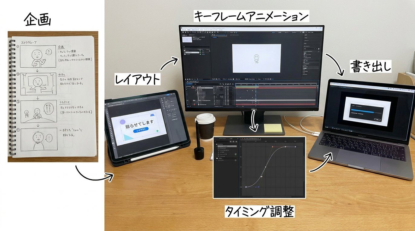 モーショングラフィックス制作の基本フローを示すイメージ