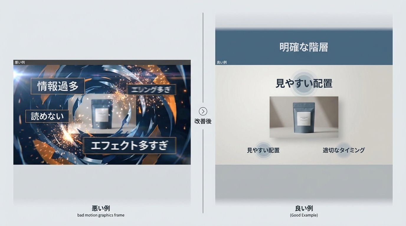 モーショングラフィックス制作で避けたい失敗例を示すイメージ