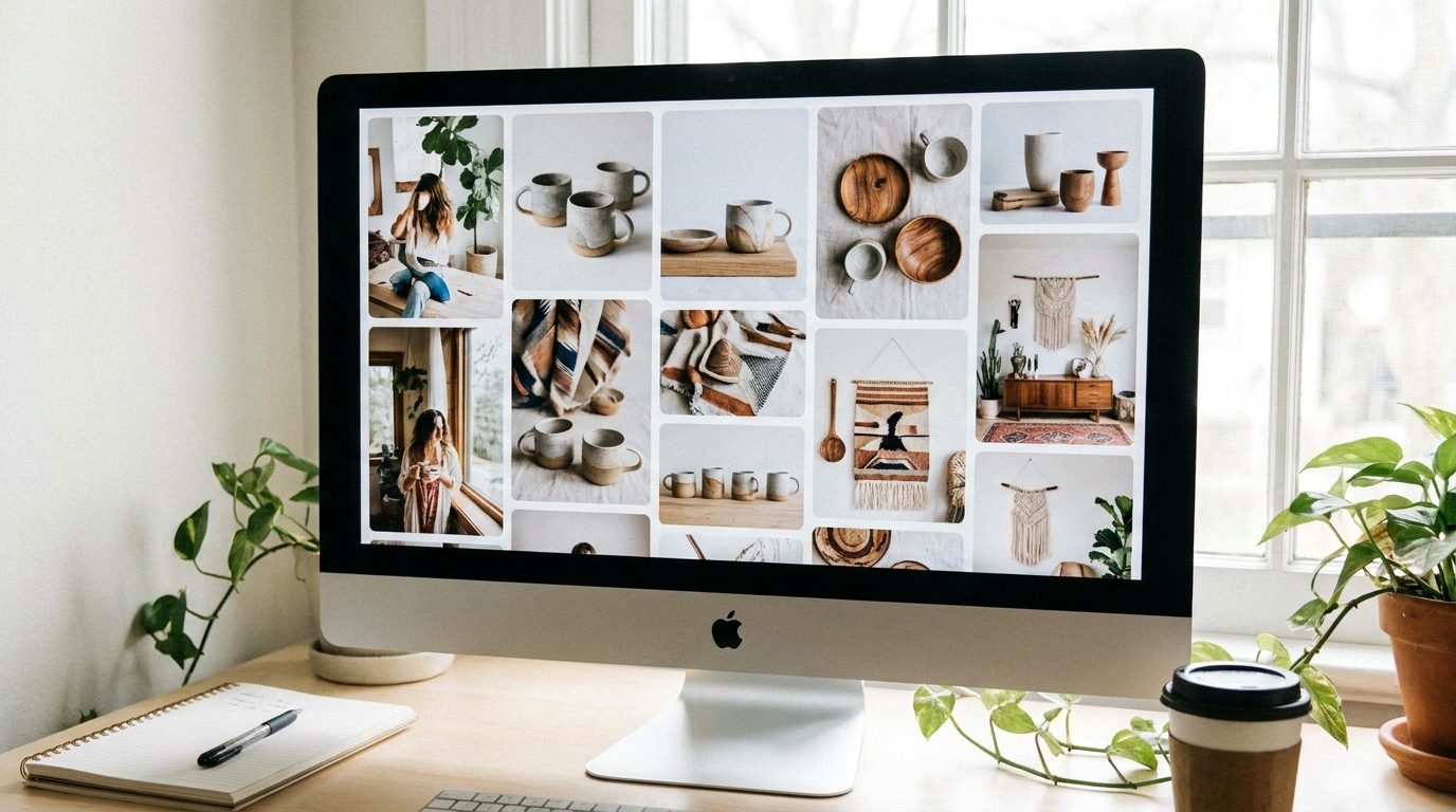 Pinterestで商品やライフスタイルの参考を集めるイメージ