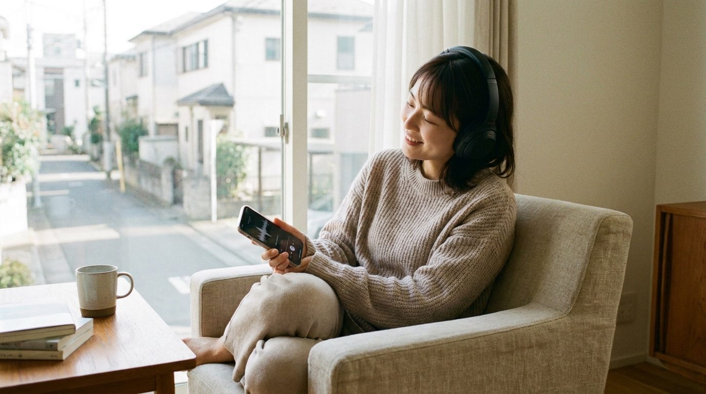 スマートフォンとイヤホンでポッドキャストを聴くイメージ
