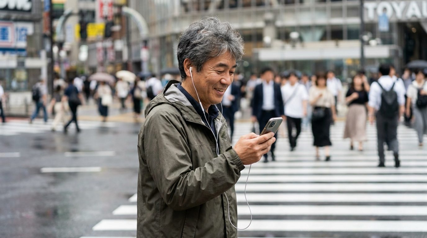 移動中にポッドキャストを聴くイメージ