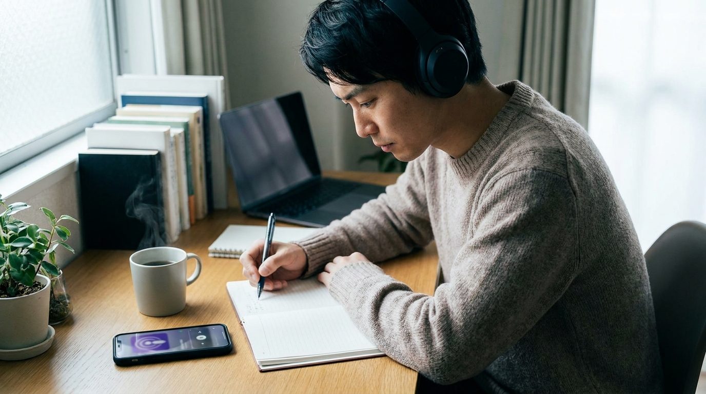 学習や情報収集にポッドキャストを使うイメージ