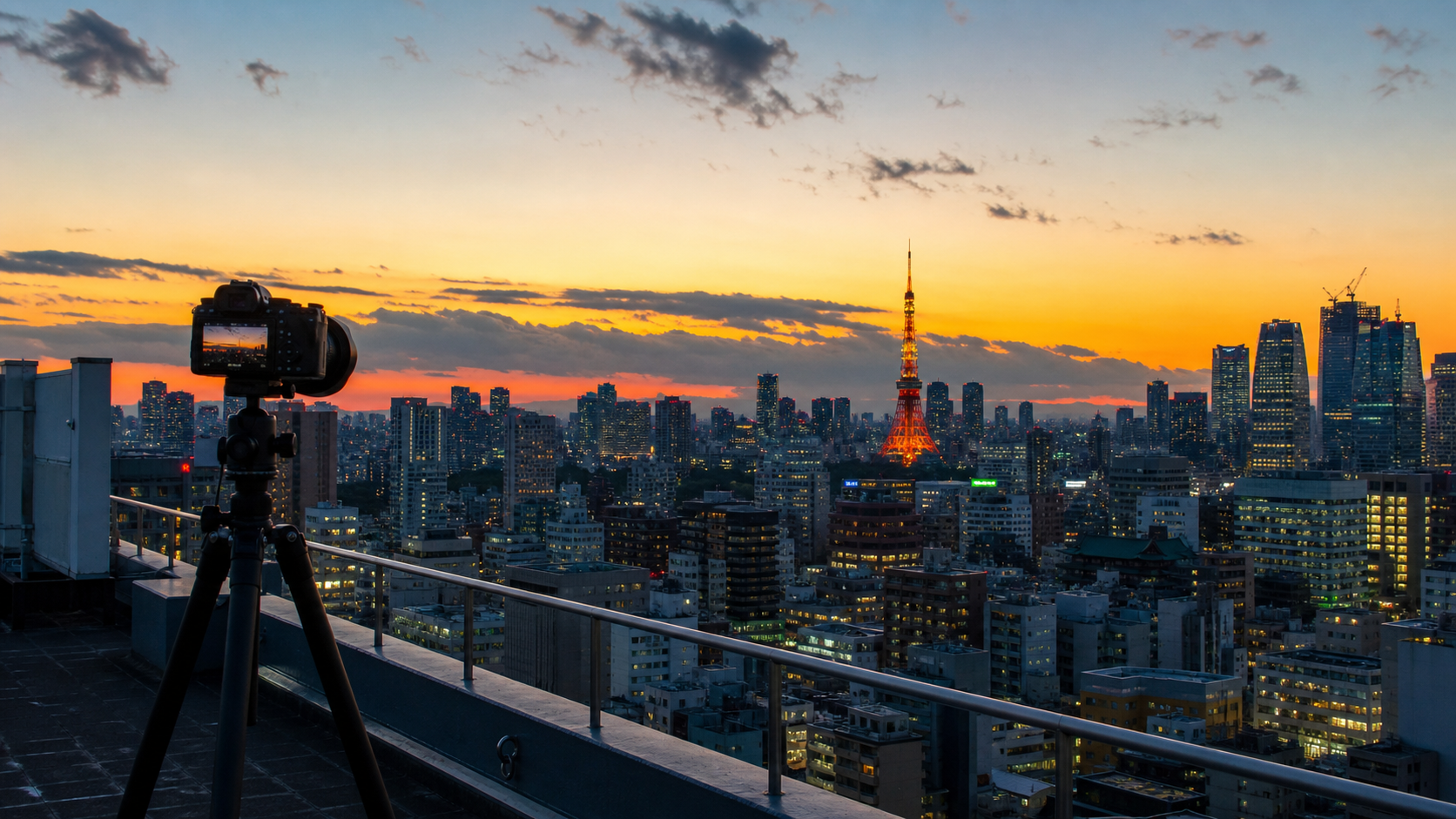 夕景の街並みを一定間隔で撮影してタイムラプス化するイメージ
