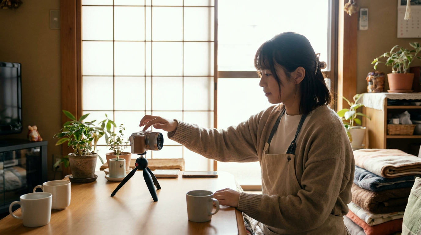 カメラに向かって日常を記録するvlog撮影のイメージ