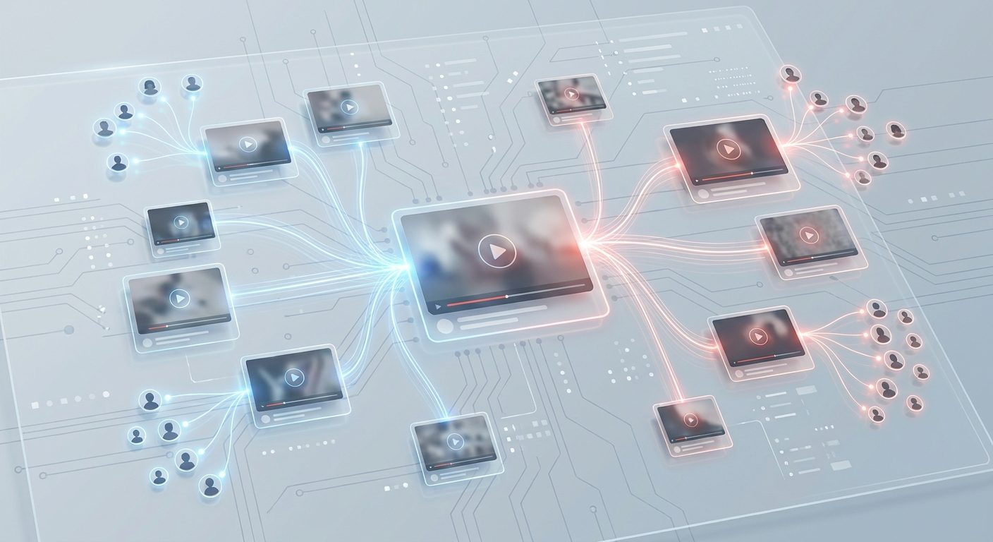 動画がおすすめ表示で視聴者に届く流れを表したイメージ