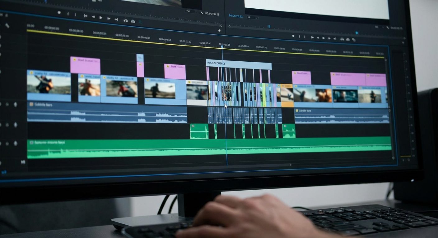 YouTube動画の冒頭構成を編集タイムラインで調整するイメージ