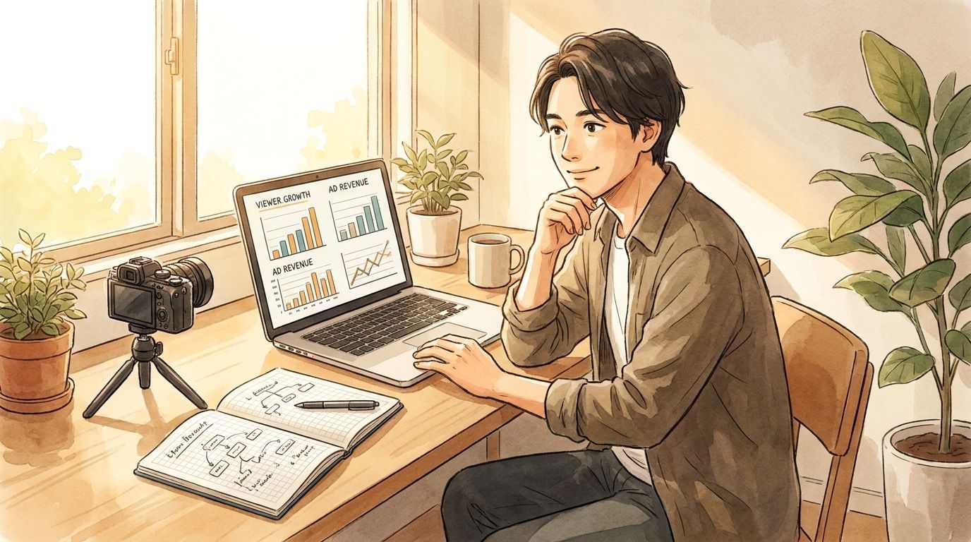 YouTube収益化の全体像を示すクリエイターの作業イメージ